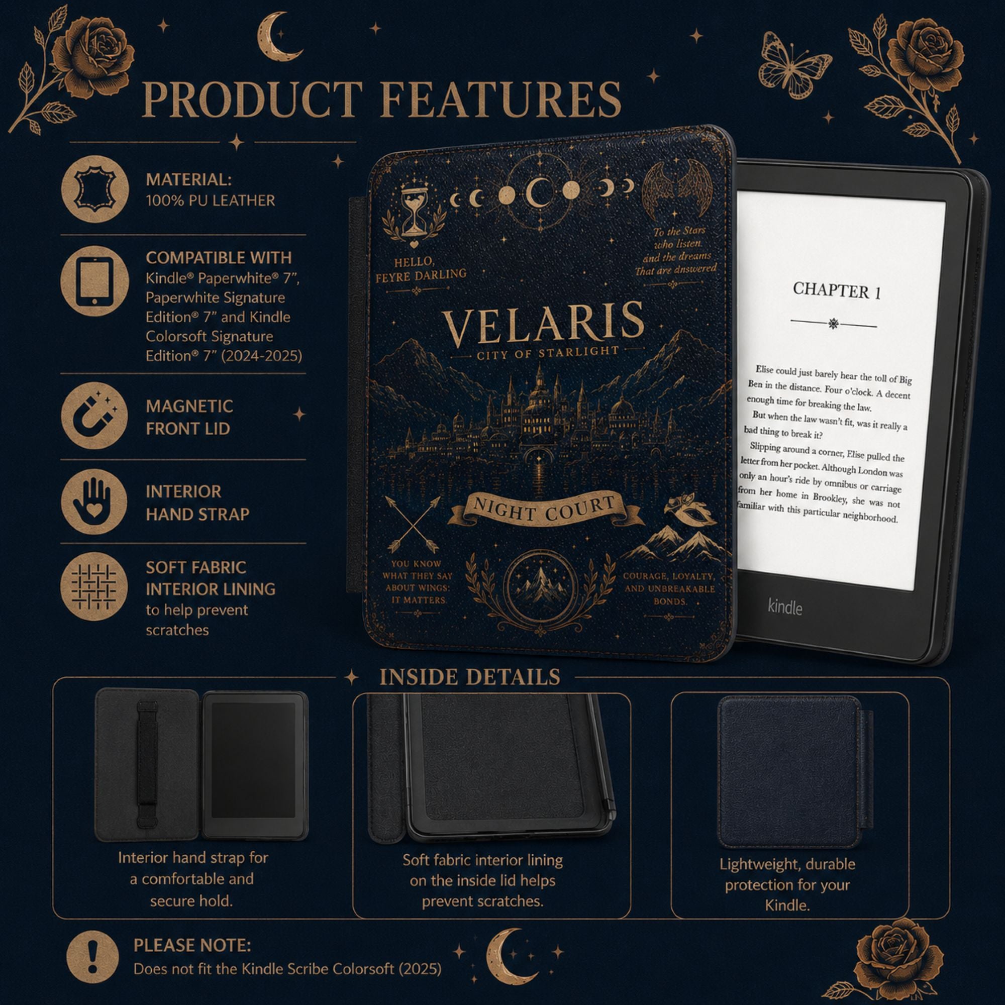 Product features graphic showing PU leather material, Kindle compatibility, and magnetic closure
