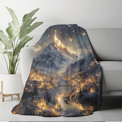 reading nook blanket featuring starry mountain reflections,
cozy fantasy décor throw with glowing celestial landscape