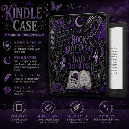 Purple dragon coiled over moonlit roses and candlelight on a black Saffiano leather Kindle case