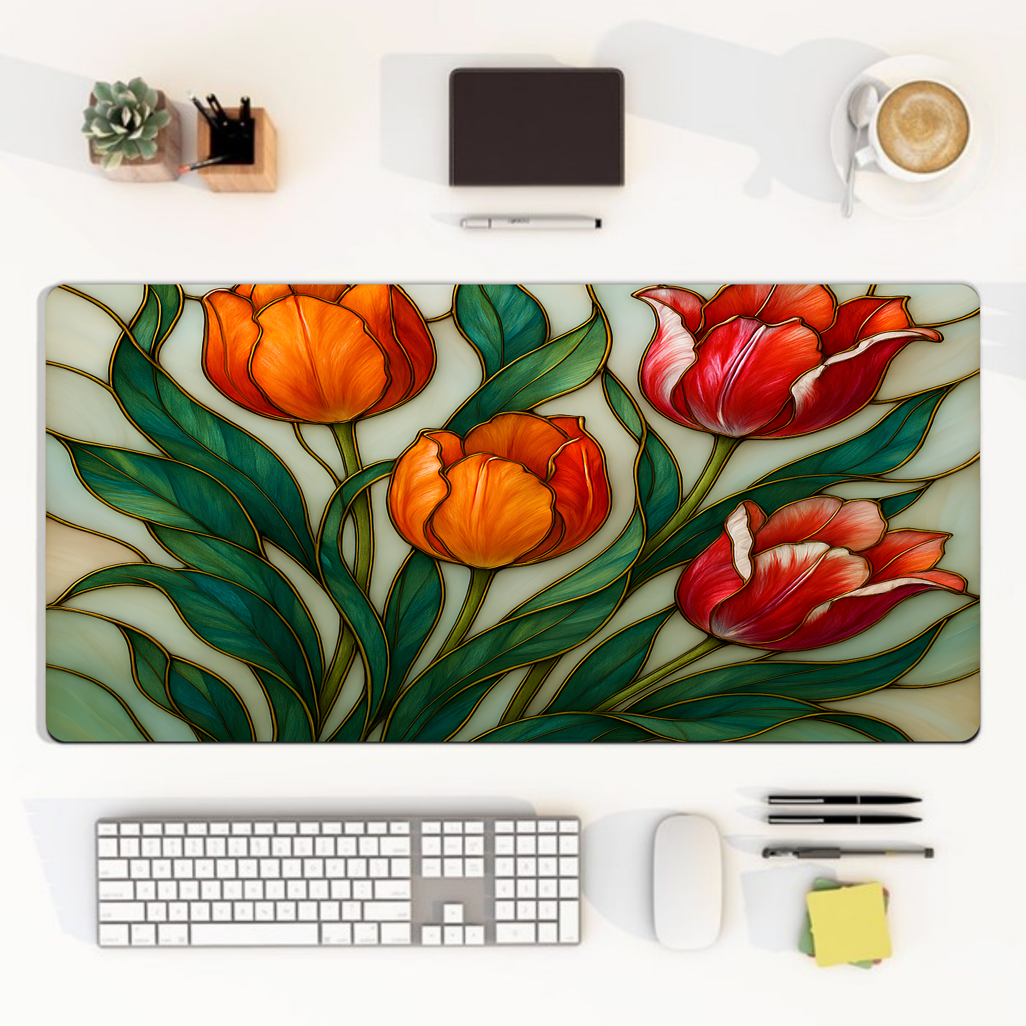 wildflower desk mat mousepad, stained glass tulip floral desk mat