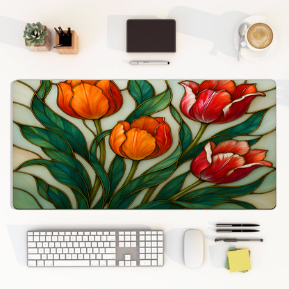 wildflower desk mat mousepad, stained glass tulip floral desk mat
