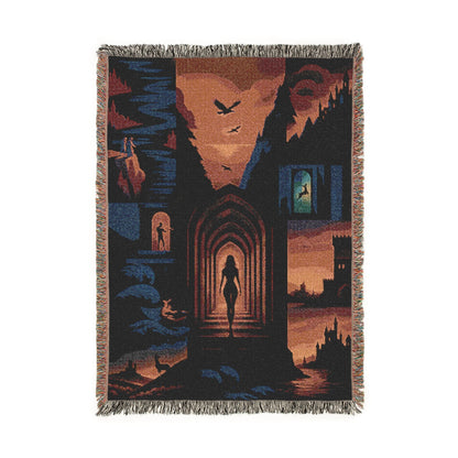 cozy woven blanket for book lovers, Kingdom of Ash romantasy blanket gift, fantasy tapestry throw with castle and dragon, YA fantasy woven throw blanket