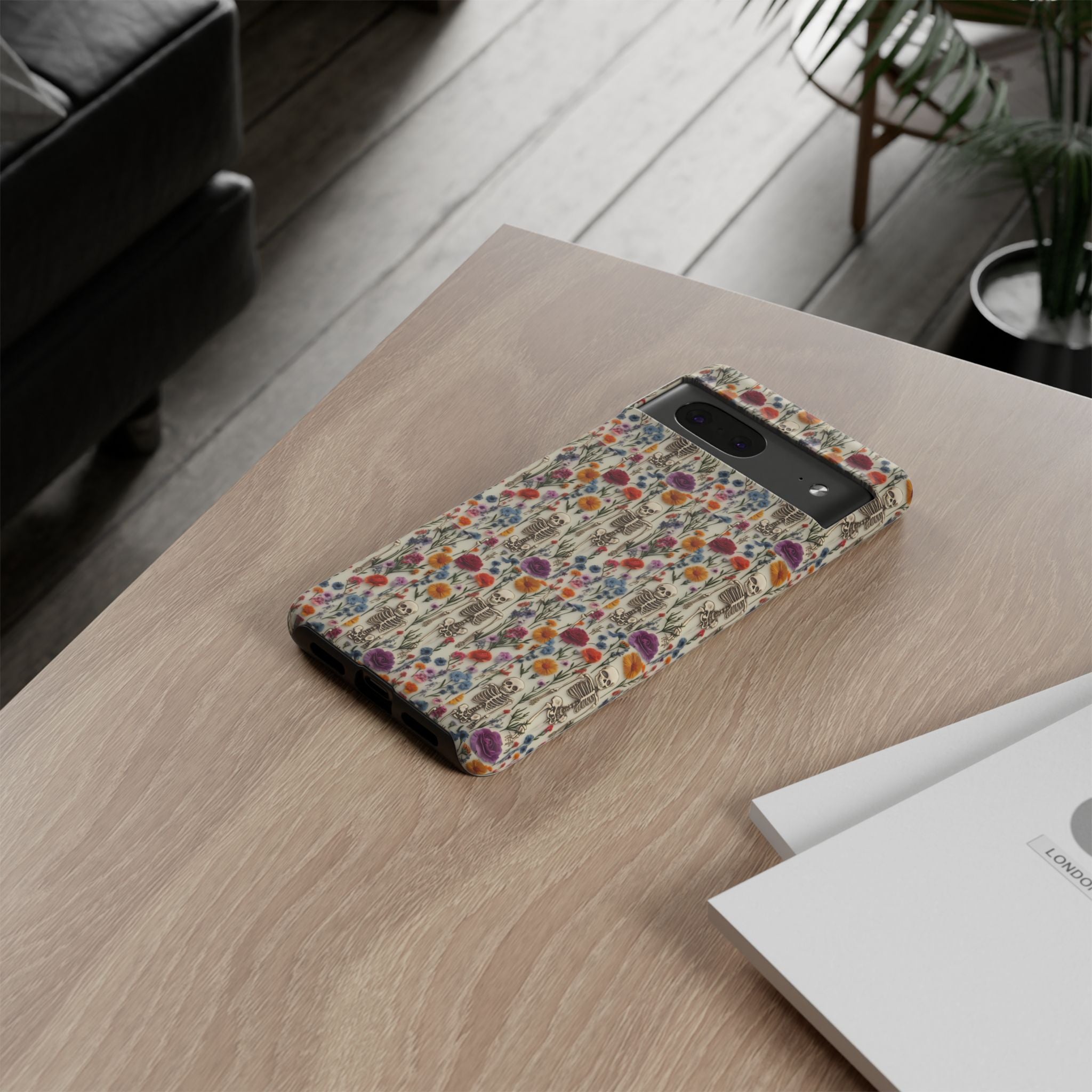 Skeleton Floral Phone Case – Gothic Vintage Botanical Skull Cover for iPhone, Samsung & Pixel Models