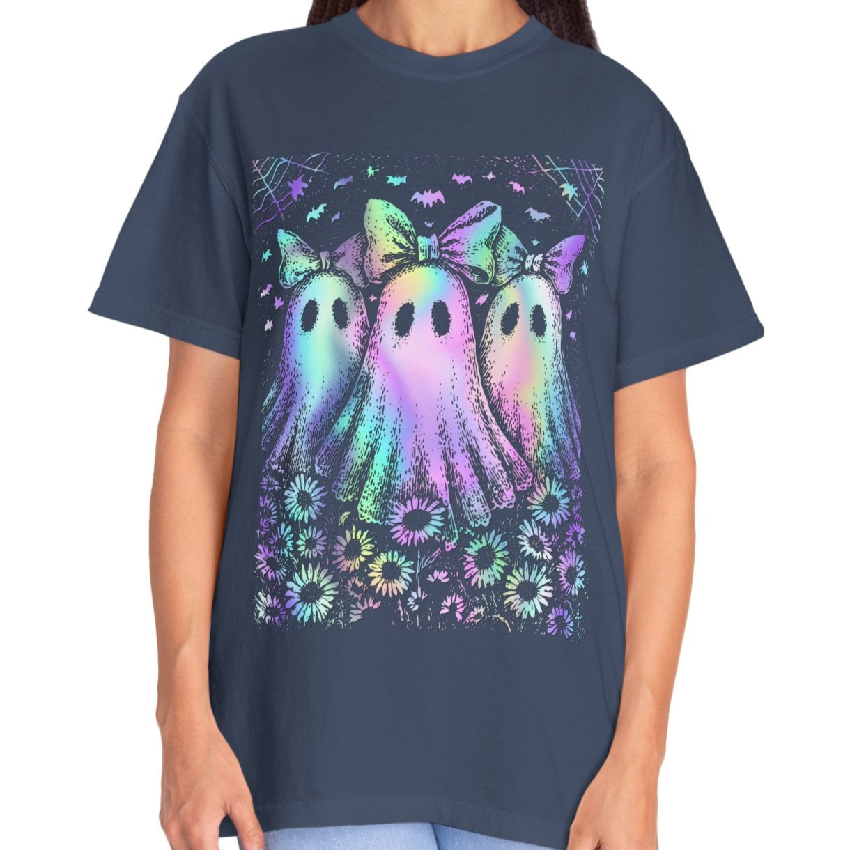 Pastel Rainbow Ghost Halloween Shirt for Women – Cute Spooky Season Tee with Bows & Floral Aesthetic