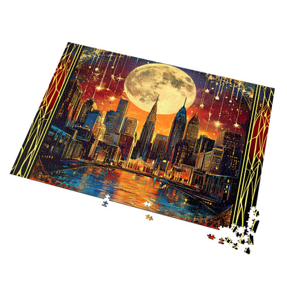 Midnight City Skyline Jigsaw Puzzle – Art Deco New York Puzzle Gift for Adults, Moonlit Wall Decor