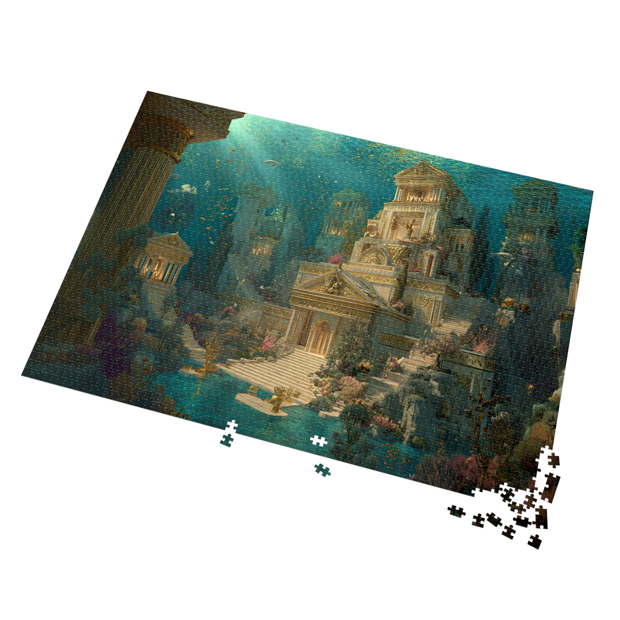 Jigsaw puzzle with an underwater temple design on a white background. Vibrant Atlantis puzzle gift box with colorful marine life design