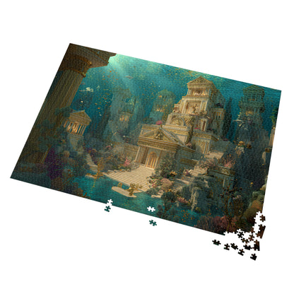 Jigsaw puzzle with an underwater temple design on a white background. Vibrant Atlantis puzzle gift box with colorful marine life design