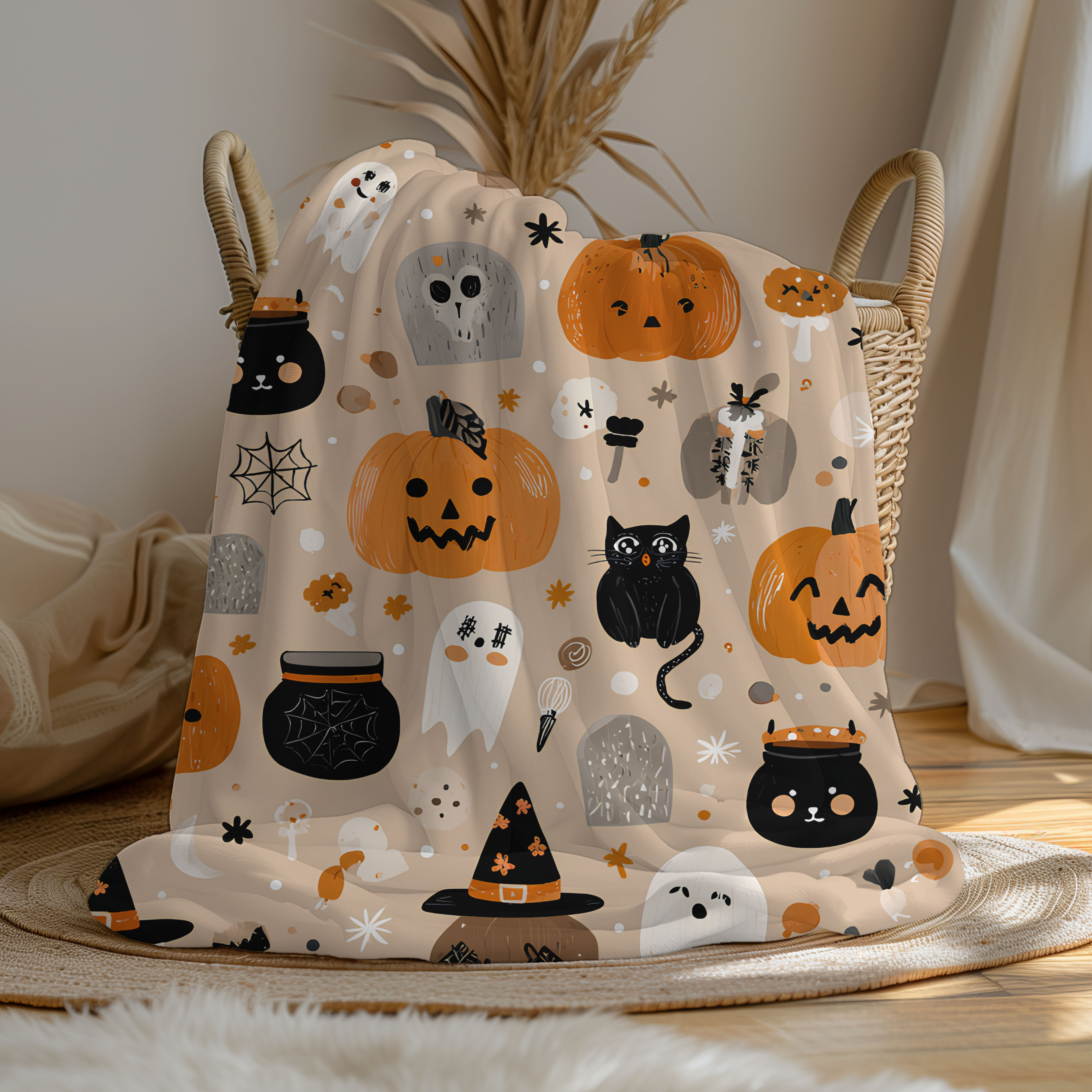 Cute Halloween Baby Blanket Ghost Pumpkin Cat Fall Nursery Decor | Soft Velveteen Throw Gift for Kids & Toddlers