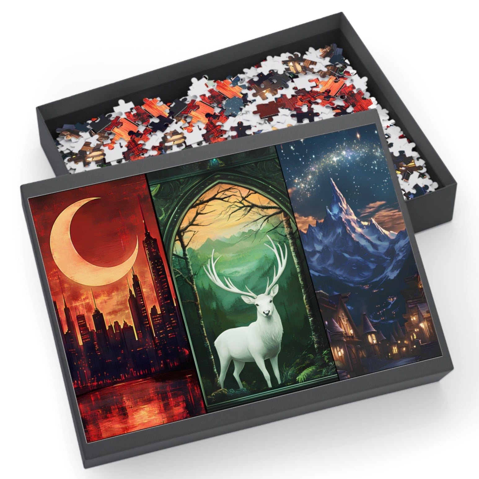 Fantasy Deer Moon Triptych Puzzle – Mystical 3 Panel Wall Art Jigsaw Gift for Her, Nature & Fantasy Decor