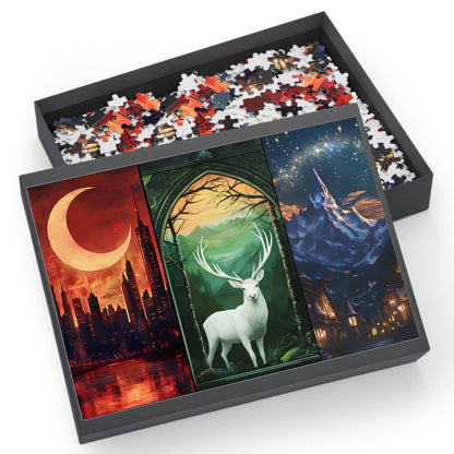 Fantasy Deer Moon Triptych Puzzle – Mystical 3 Panel Wall Art Jigsaw Gift for Her, Nature & Fantasy Decor