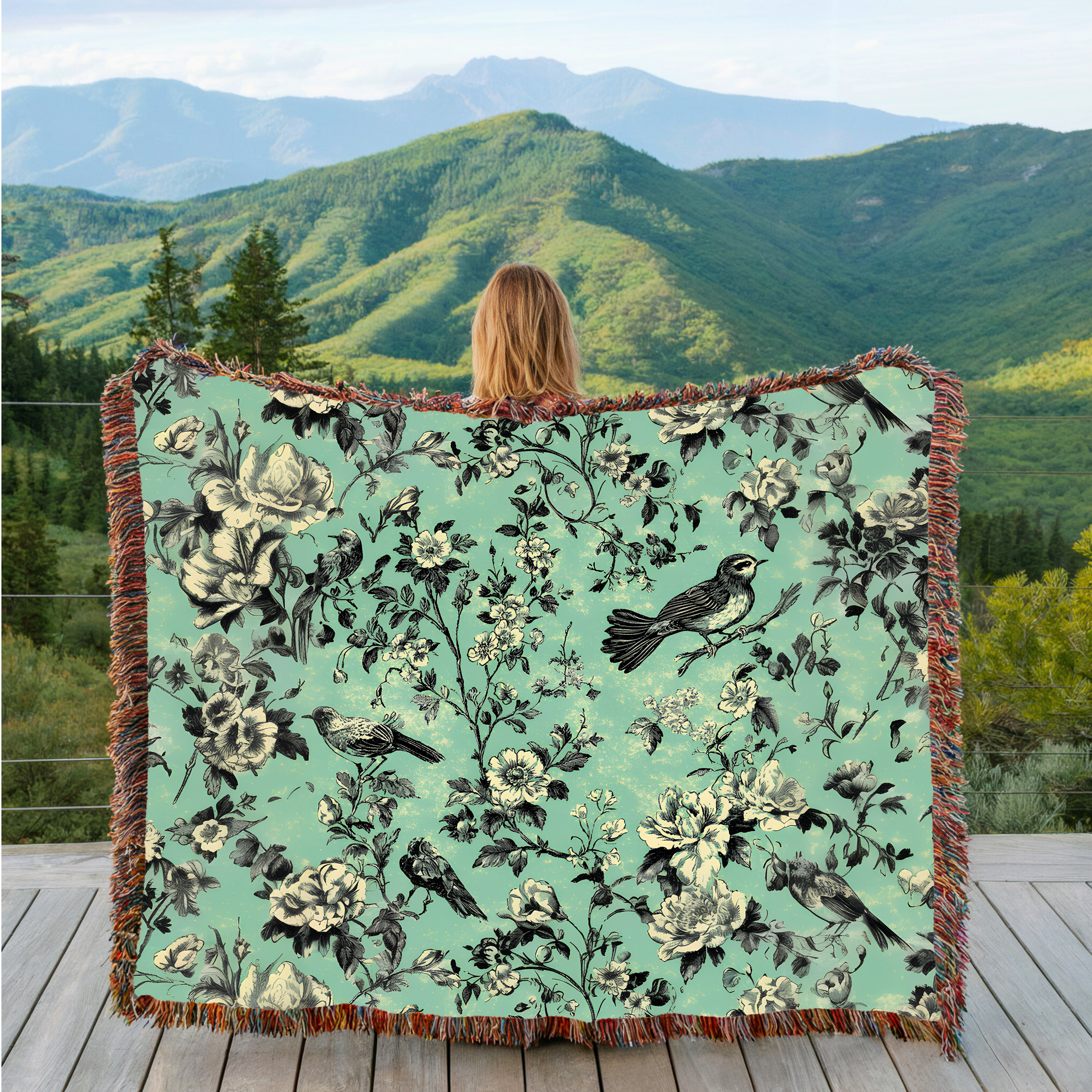 Vintage Bird & Floral Woven Throw Blanket – Cottagecore Botanical Tapestry, Cozy Nature-Inspired Home Decor