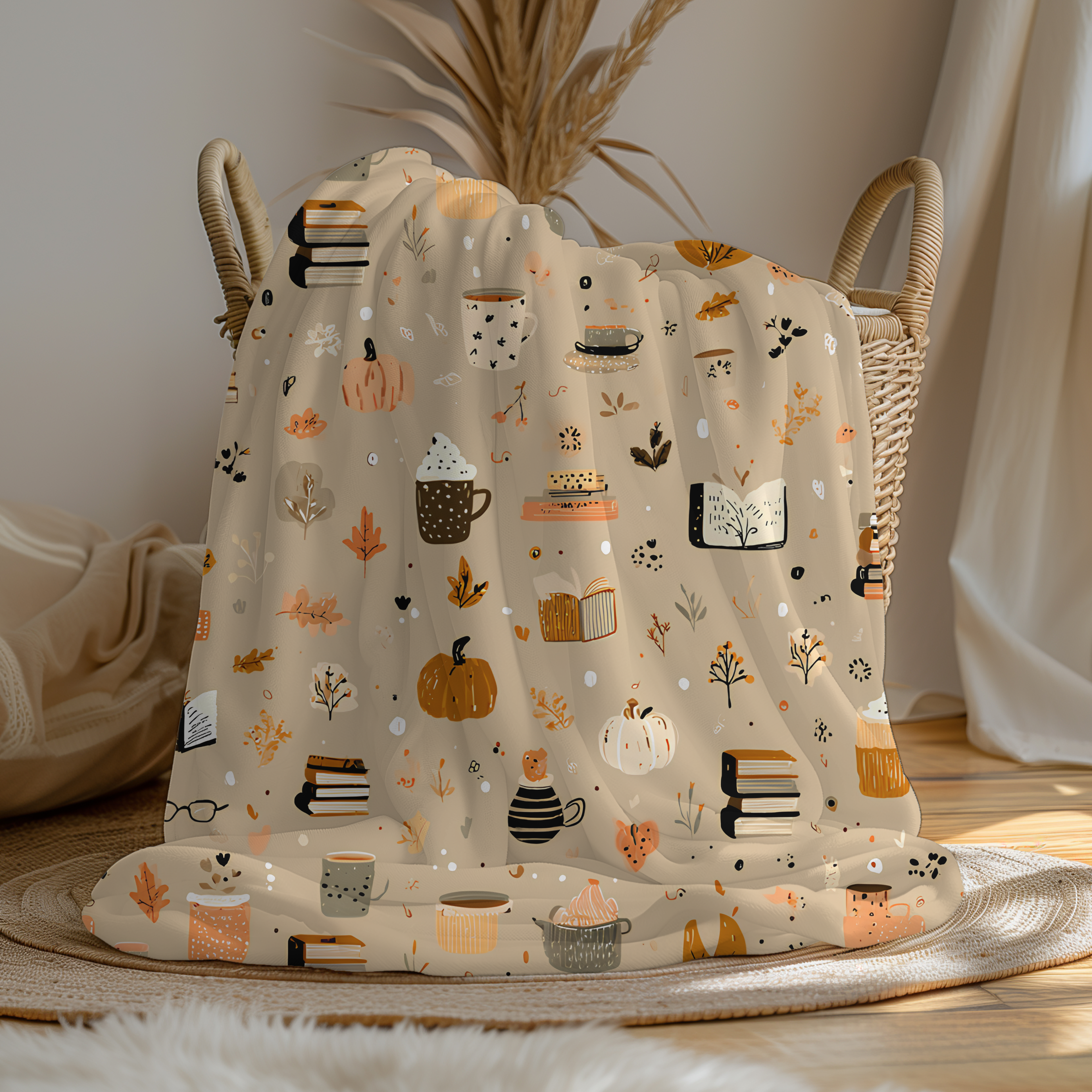 Cozy Velveteen Fall Blanket with Pumpkins Coffee Books Cottagecore Neutral Plush Throw