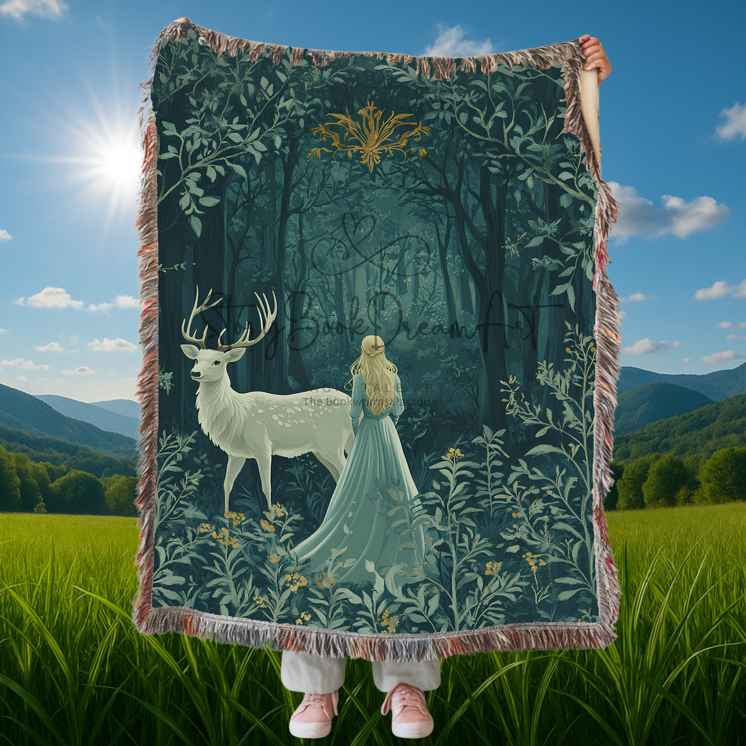 Enchanted Forest Woven Throw Blanket | Mystical Deer & Maiden Fairytale Tapestry Woodland Decor