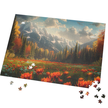cozy fall jigsaw puzzle showing sunset over the mountains, relaxing nature art puzzle with bright orange meadow blooms