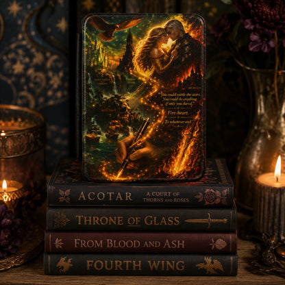 A decorative rectangular tin or box with a dramatic fantasy illustration of a warrior and horse, standing upright on a stack of four books. The books are labeled Acotar, Throne of Glass, From Blood and Ash, and Fourth Wing.