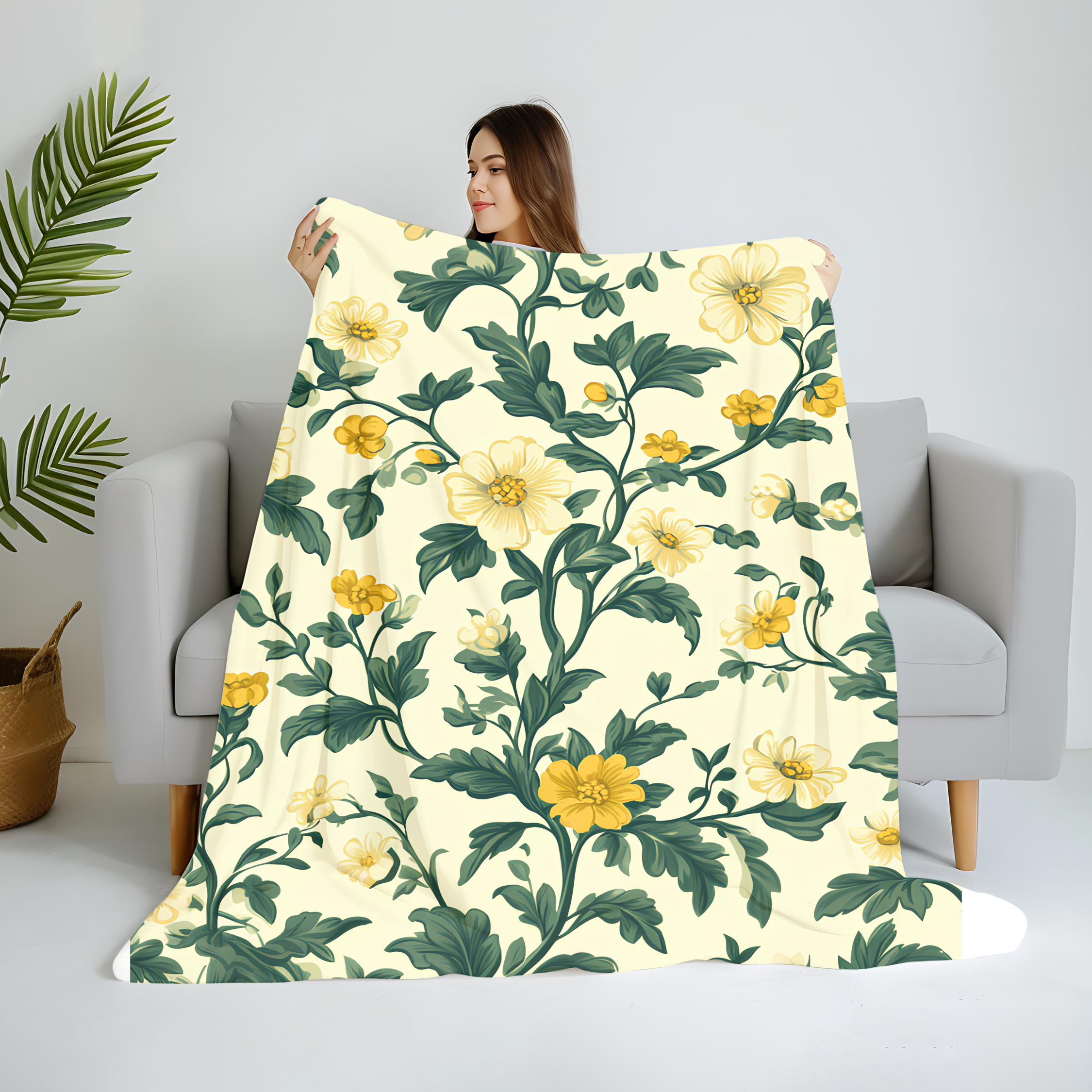botanical blanket with green leaves and yellow blooms, cozy floral fleece throw for neutral home décor, warm botanical toile print blanket for cottage bedroom