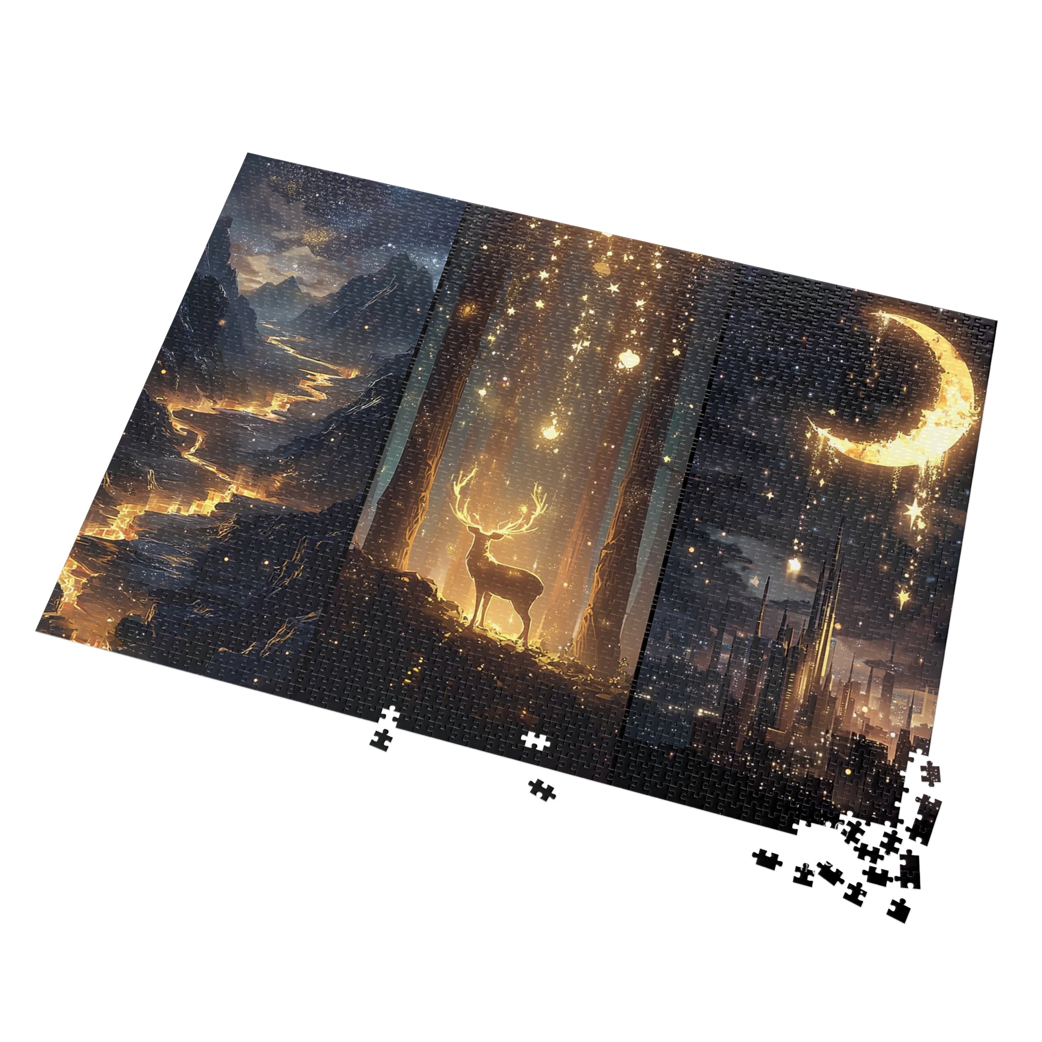 Mystical starlit forest and moonlit city puzzle with fantasy river artwork, perfect romantasy puzzle gift for book lovers and Sarah J. Maas fans.