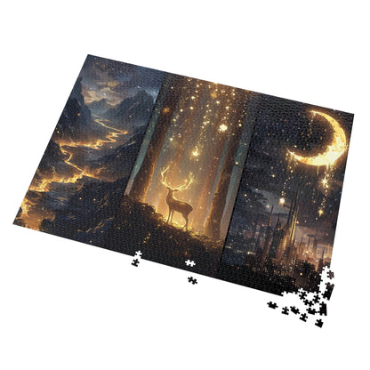 Mystical starlit forest and moonlit city puzzle with fantasy river artwork, perfect romantasy puzzle gift for book lovers and Sarah J. Maas fans.