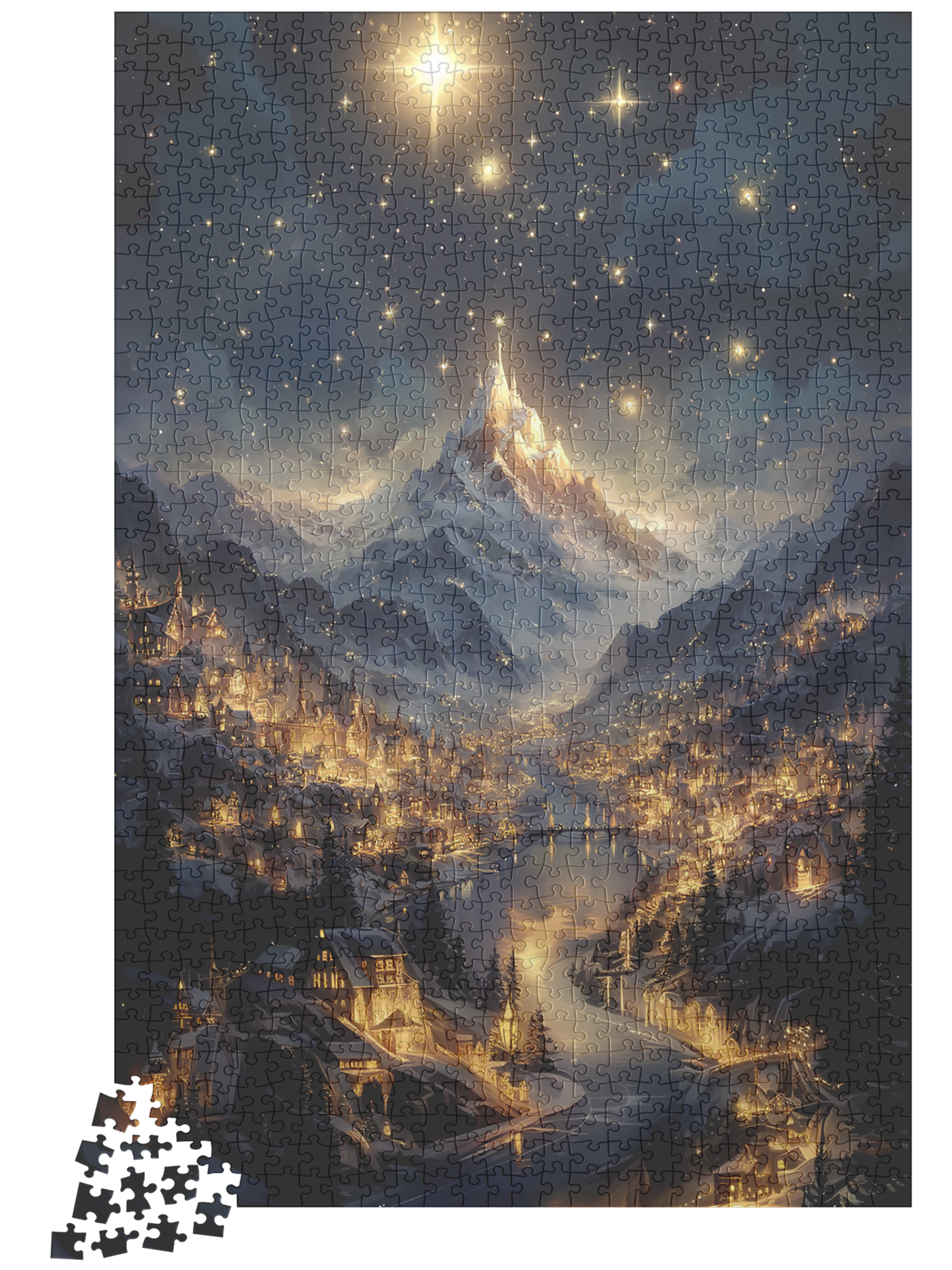 Fantasy Christmas Village Jigsaw Puzzle – Starry Night Snowy Mountain Town Holiday Gift