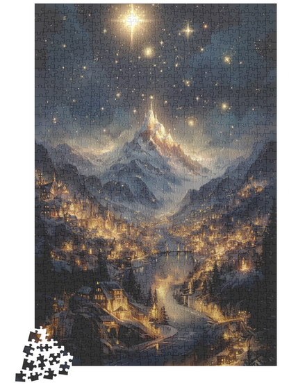 Fantasy Christmas Village Jigsaw Puzzle – Starry Night Snowy Mountain Town Holiday Gift