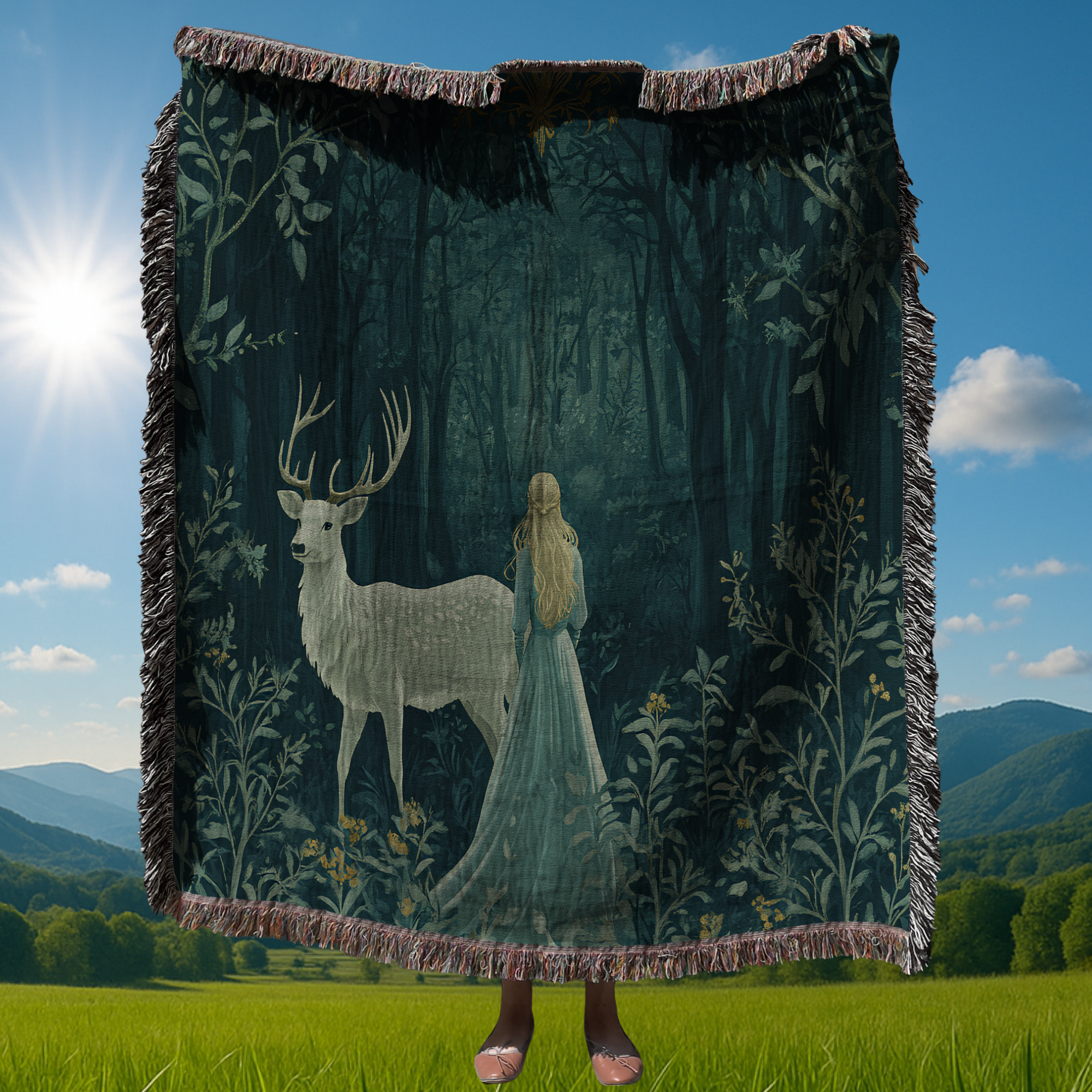 Enchanted Forest Woven Blanket | Stag Woman Art Throw | Cozy Mystical Cottagecore Home Decor Gift
