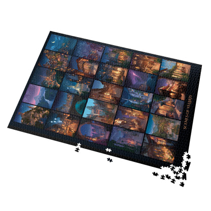 enchanting puzzle for cozy nights, handmade fantasy puzzle for book lovers, detailed fantasy skyline art puzzle,