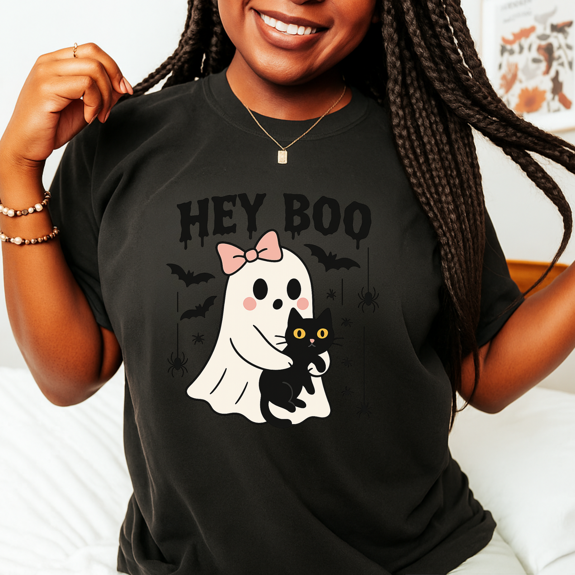 Hey Boo Ghost Shirt with Cat | Cute Halloween Tee for Women | Pastel Spooky Season Fall T-Shirt