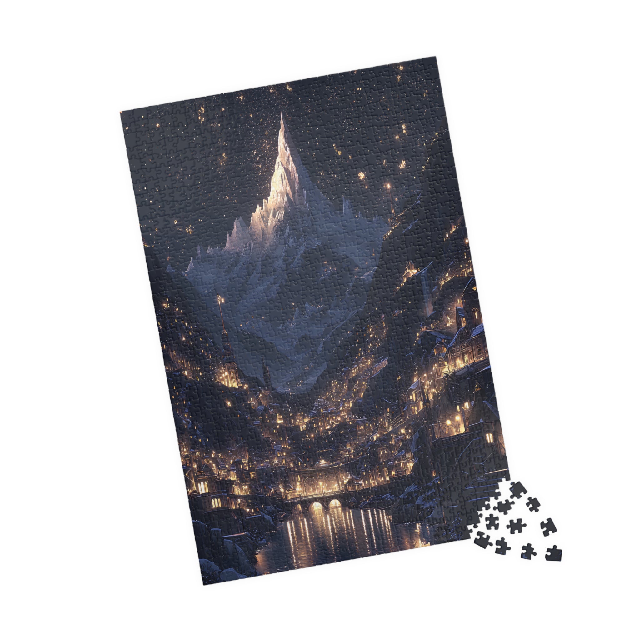 Fantasy Mountain Christmas Village Puzzle – Starry Night Snowy River Town Fairytale Jigsaw Gift