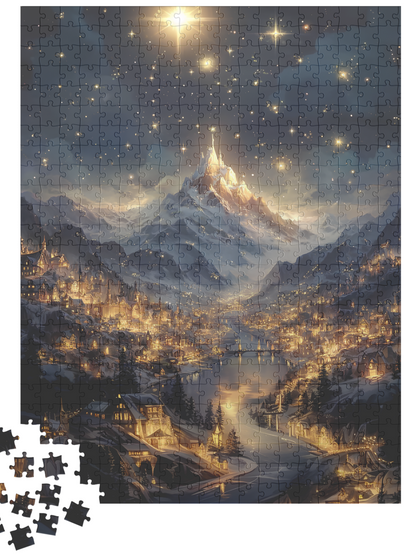 Fantasy Christmas Village Jigsaw Puzzle – Starry Night Snowy Mountain Town Holiday Gift
