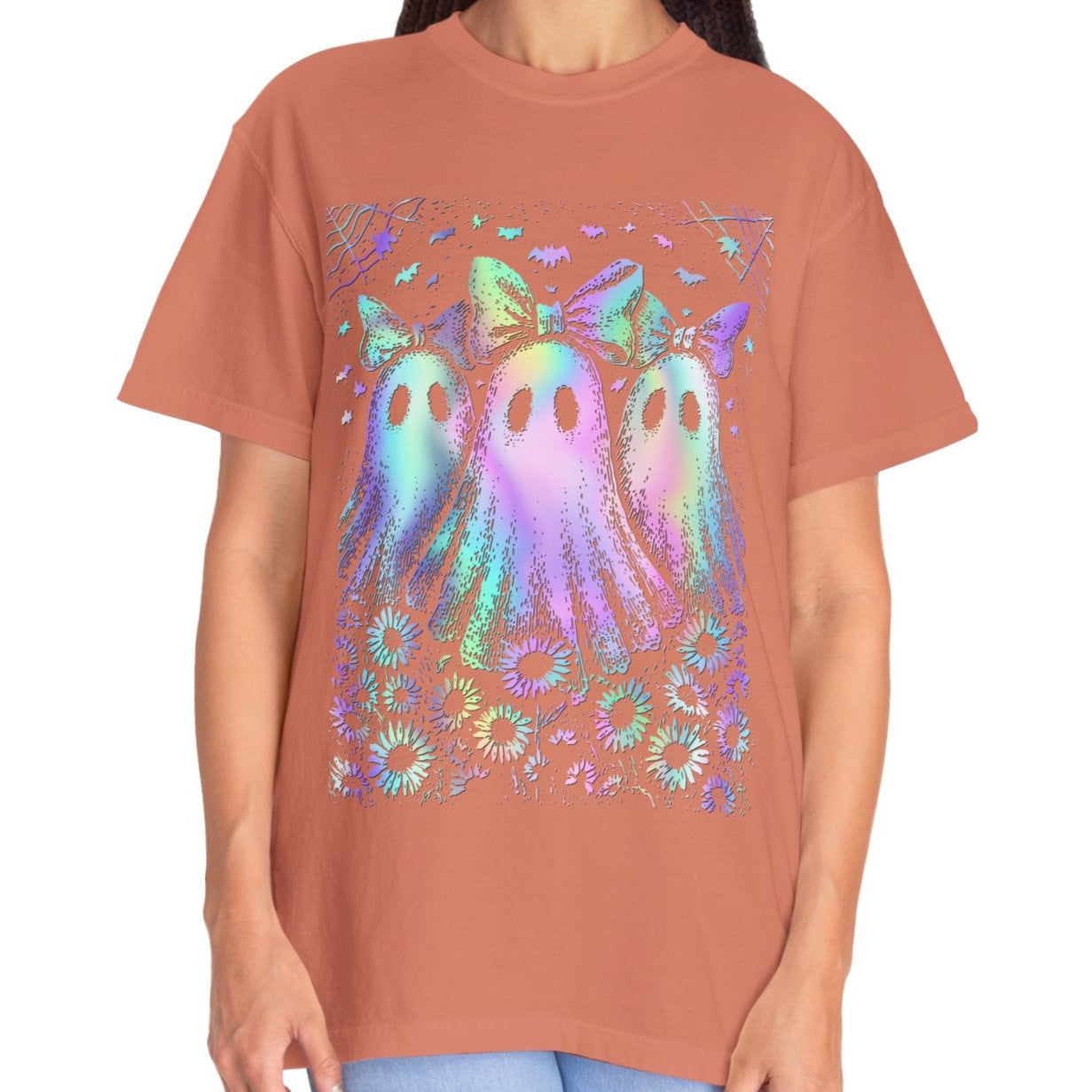 Pastel Rainbow Ghost Halloween Shirt for Women – Cute Spooky Season Tee with Bows & Floral Aesthetic