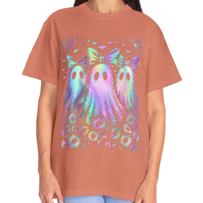 Pastel Rainbow Ghost Halloween Shirt for Women – Cute Spooky Season Tee with Bows & Floral Aesthetic