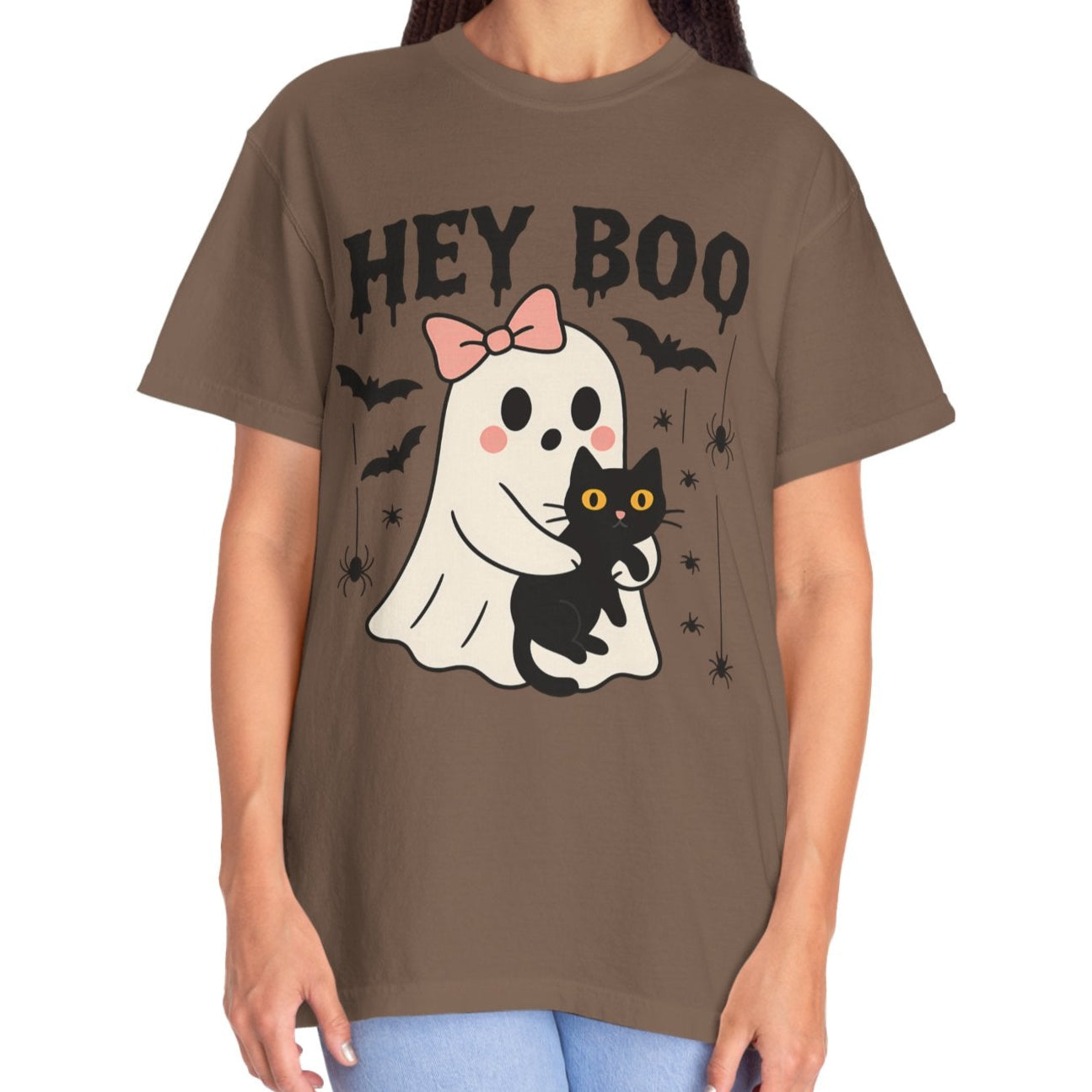 Hey Boo Ghost Shirt with Cat | Cute Halloween Tee for Women | Pastel Spooky Season Fall T-Shirt