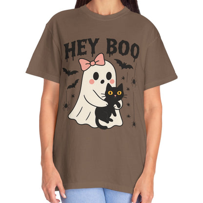 Hey Boo Ghost Shirt with Cat | Cute Halloween Tee for Women | Pastel Spooky Season Fall T-Shirt