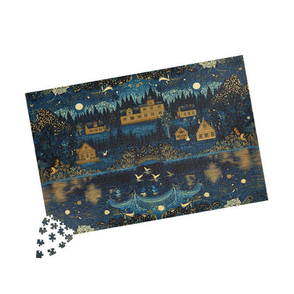 cozy night village jigsaw puzzle with forest cottages and moonlit sky, cottagecore village puzzle with lake reflection and golden houses, vintage storybook night village puzzle artwork in navy and gold