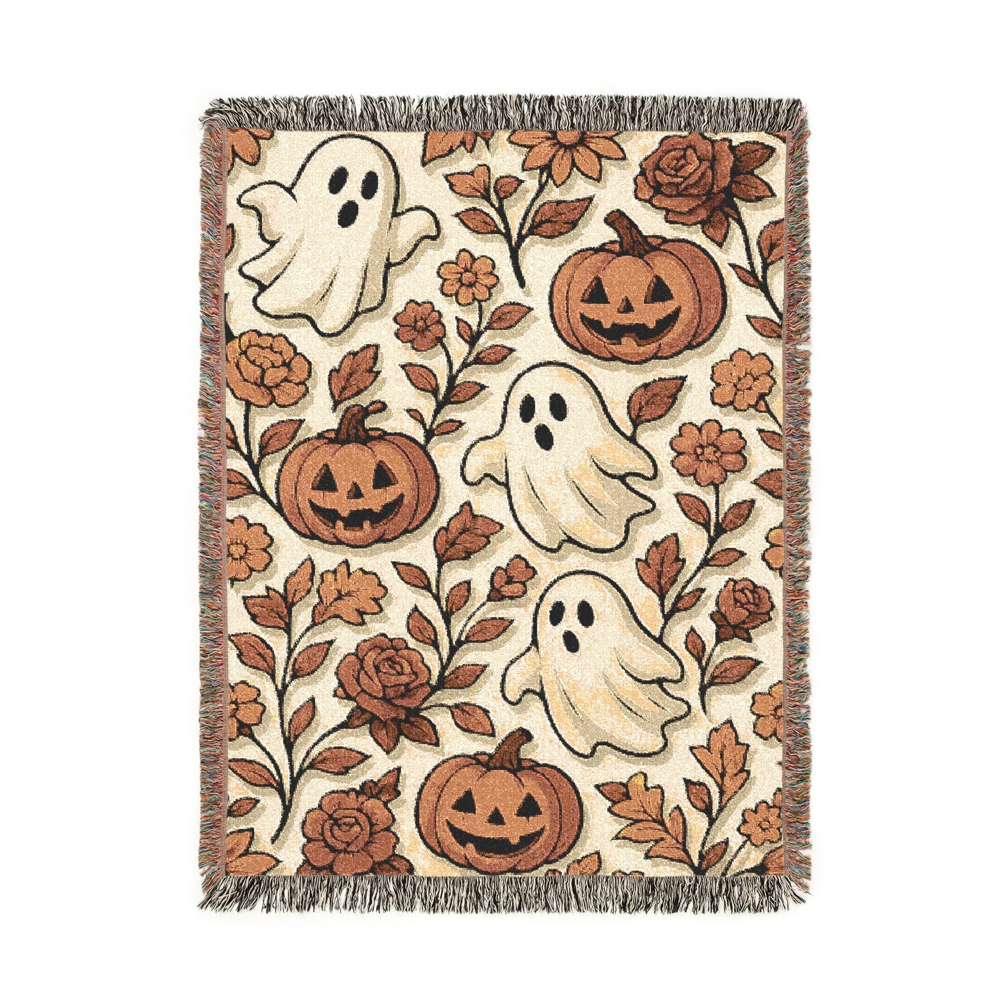 gothic halloween décor blanket with ghosts and pumpkins, farmhouse style halloween woven blanket with fringe