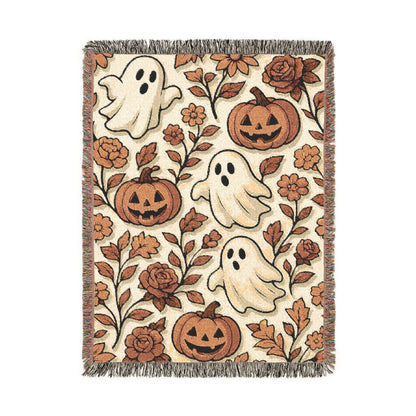 gothic halloween décor blanket with ghosts and pumpkins, farmhouse style halloween woven blanket with fringe