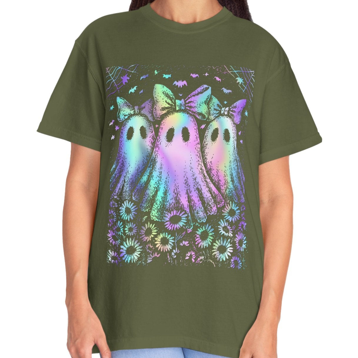 Pastel Rainbow Ghost Halloween Shirt for Women – Cute Spooky Season Tee with Bows & Floral Aesthetic