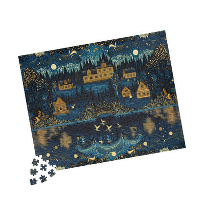 cottagecore night village puzzle for relaxing hobby time, vintage inspired village puzzle with navy blue background, art jigsaw puzzle featuring peaceful forest town at night
