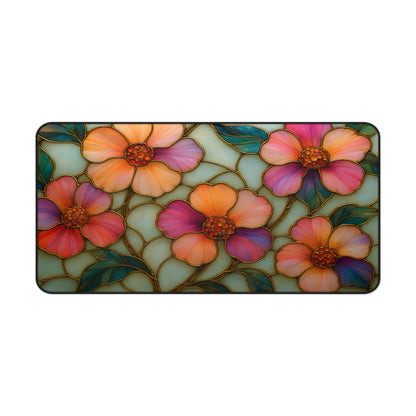 Wildflower Desk Mat Mousepad | Faux Stained Glass Floral Office Decor | Large Artistic Gaming Pad
