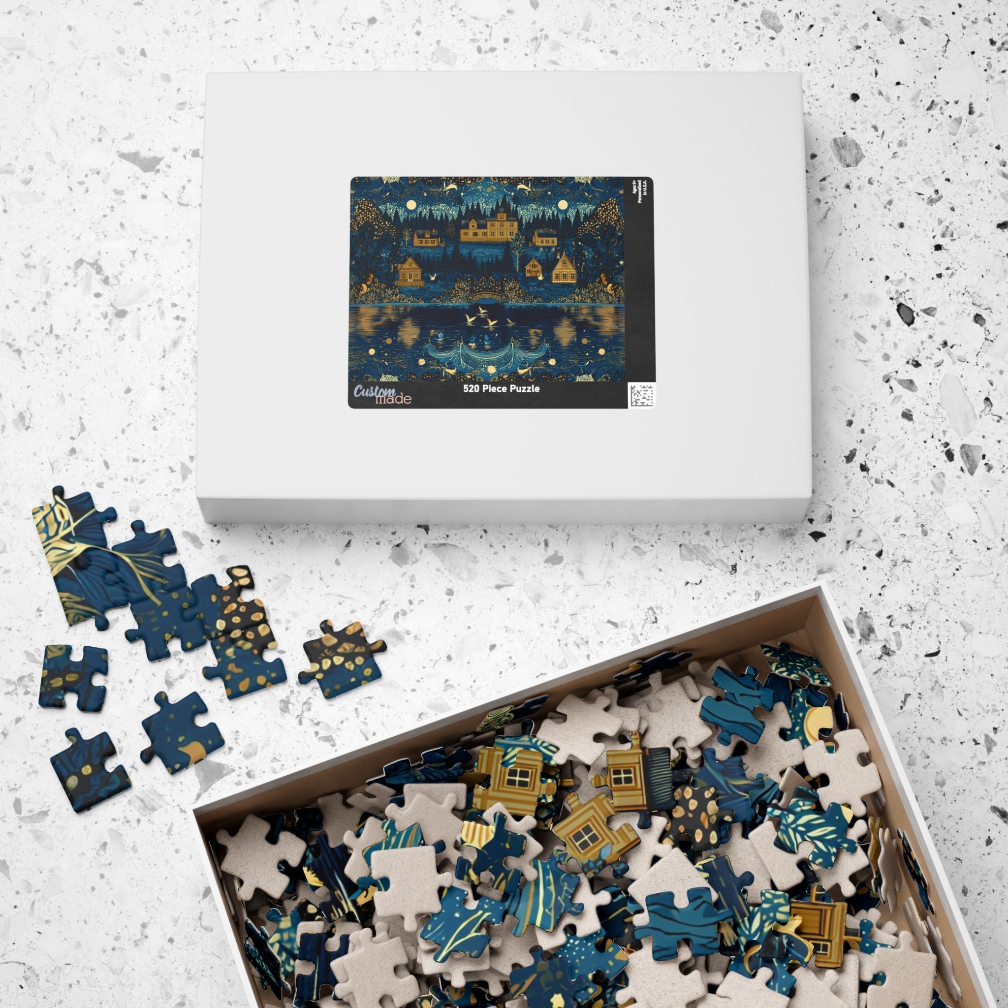 forest village puzzle with calm lake reflection artwork, night village art puzzle with decorative floral border, cottage village puzzle for slow living evenings