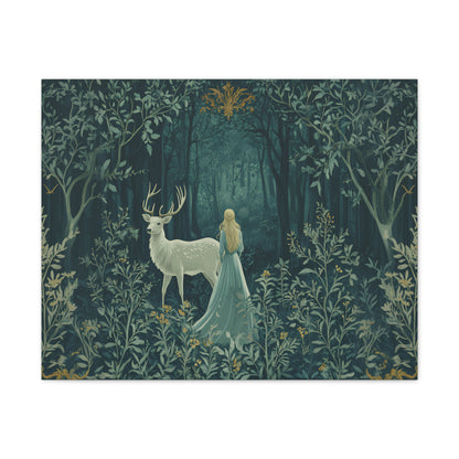 Enchanted Forest Stag & Maiden Canvas Wall Art Mystical Woodland Nature Lover Home Décor