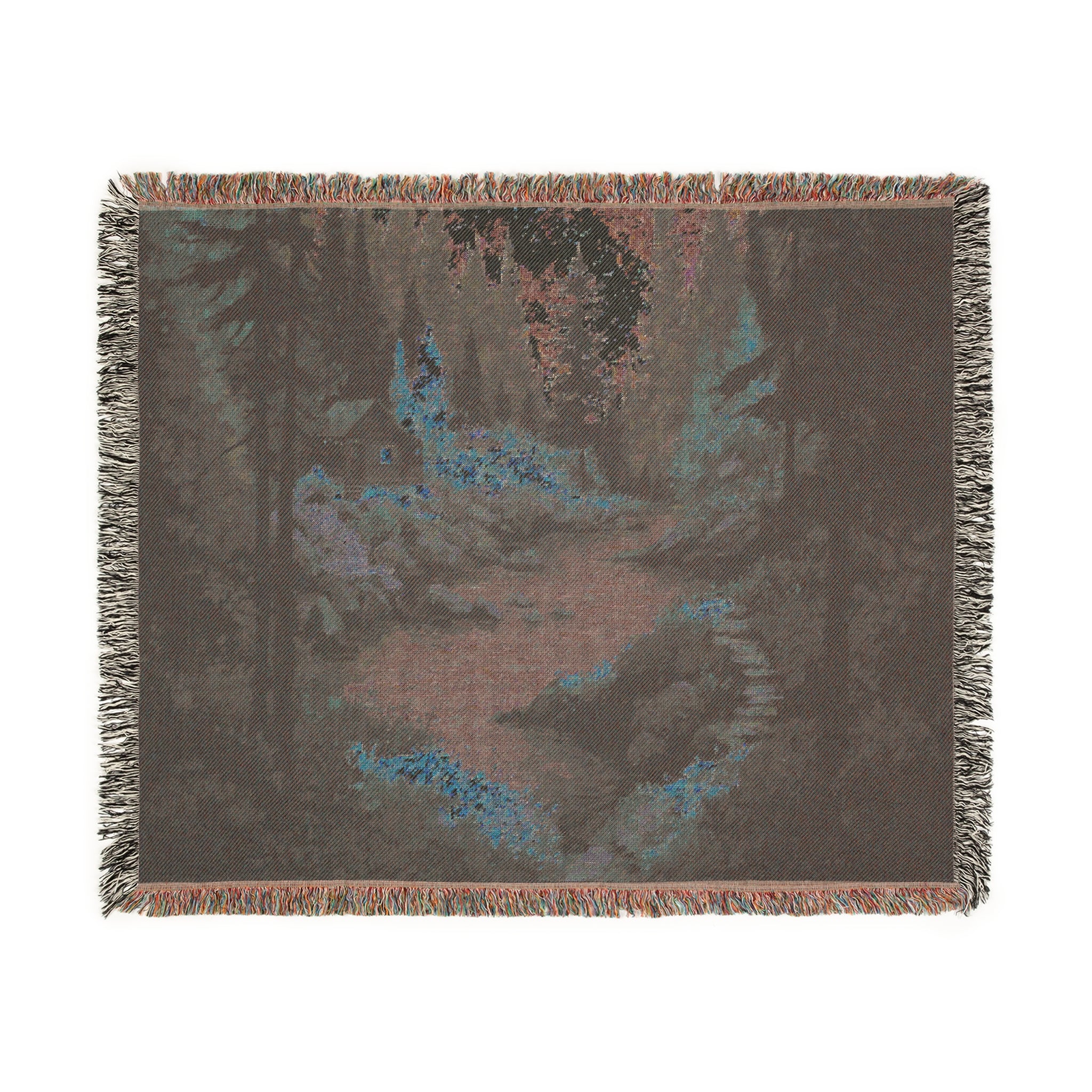 Cozy Cabin by the River Woven Blanket | Rustic Autumn Mountain Landscape Tapestry Throw
