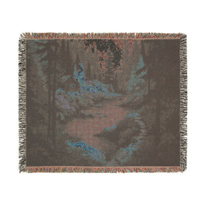 Cozy Cabin by the River Woven Blanket | Rustic Autumn Mountain Landscape Tapestry Throw