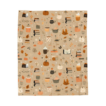 Cozy Velveteen Fall Blanket with Pumpkins Coffee Books Cottagecore Neutral Plush Throw