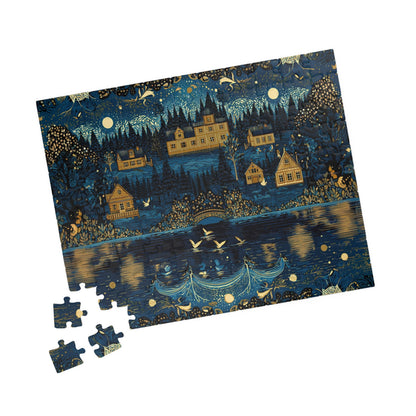 vintage style village puzzle with decorative botanical border, cozy evening puzzle with forest cottages and stars, storybook cottage village jigsaw puzzle for adults