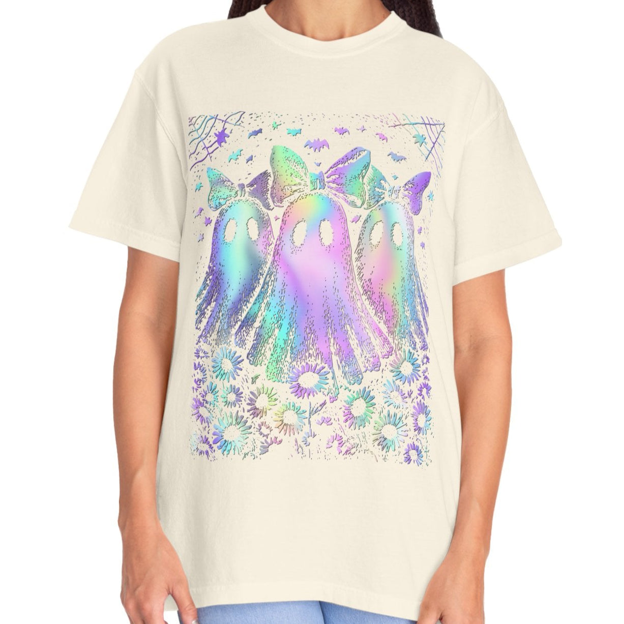 Pastel Rainbow Ghost Halloween Shirt for Women – Cute Spooky Season Tee with Bows & Floral Aesthetic