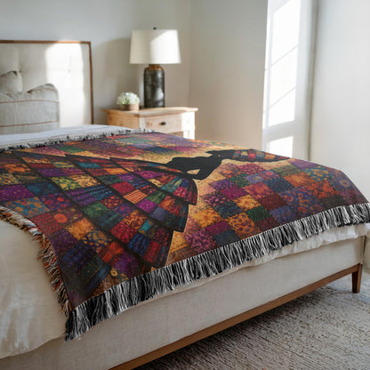 black woman inspired home decor textile, layered patchwork dress woven blanket, cotton fringe tapestry decor throw