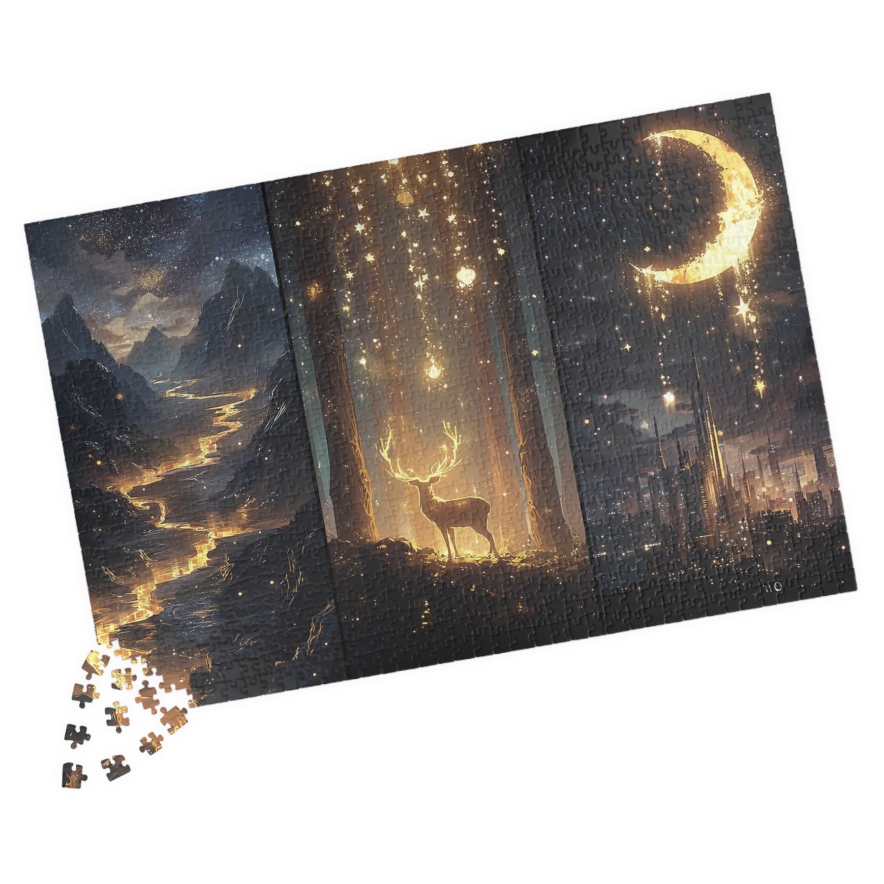 Gift-ready fantasy jigsaw puzzle with enchanted night sky artwork — starlit forest, Velaris city of starlight, and Lunathion-inspired glowing river scene