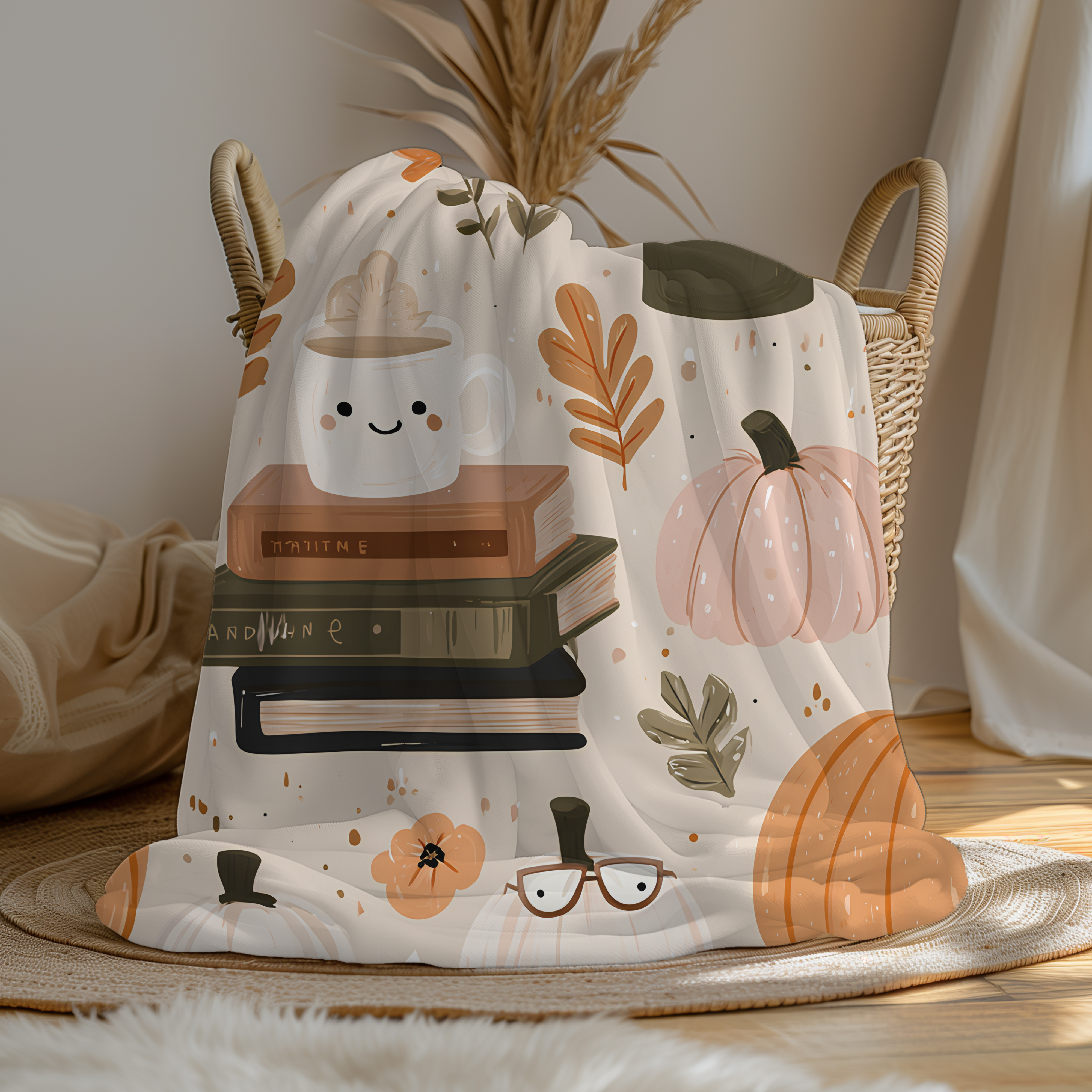 Cozy Velveteen Fall Blanket – Pumpkin Coffee Floral Print Autumn Throw, Cottagecore Neutral Decor