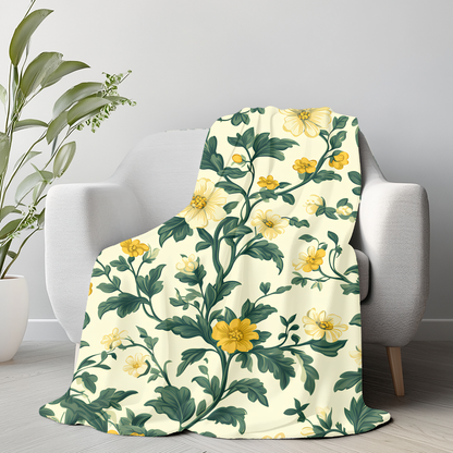 romantic botanical floral blanket in cozy neutral space, lightweight floral fleece blanket on cream couch